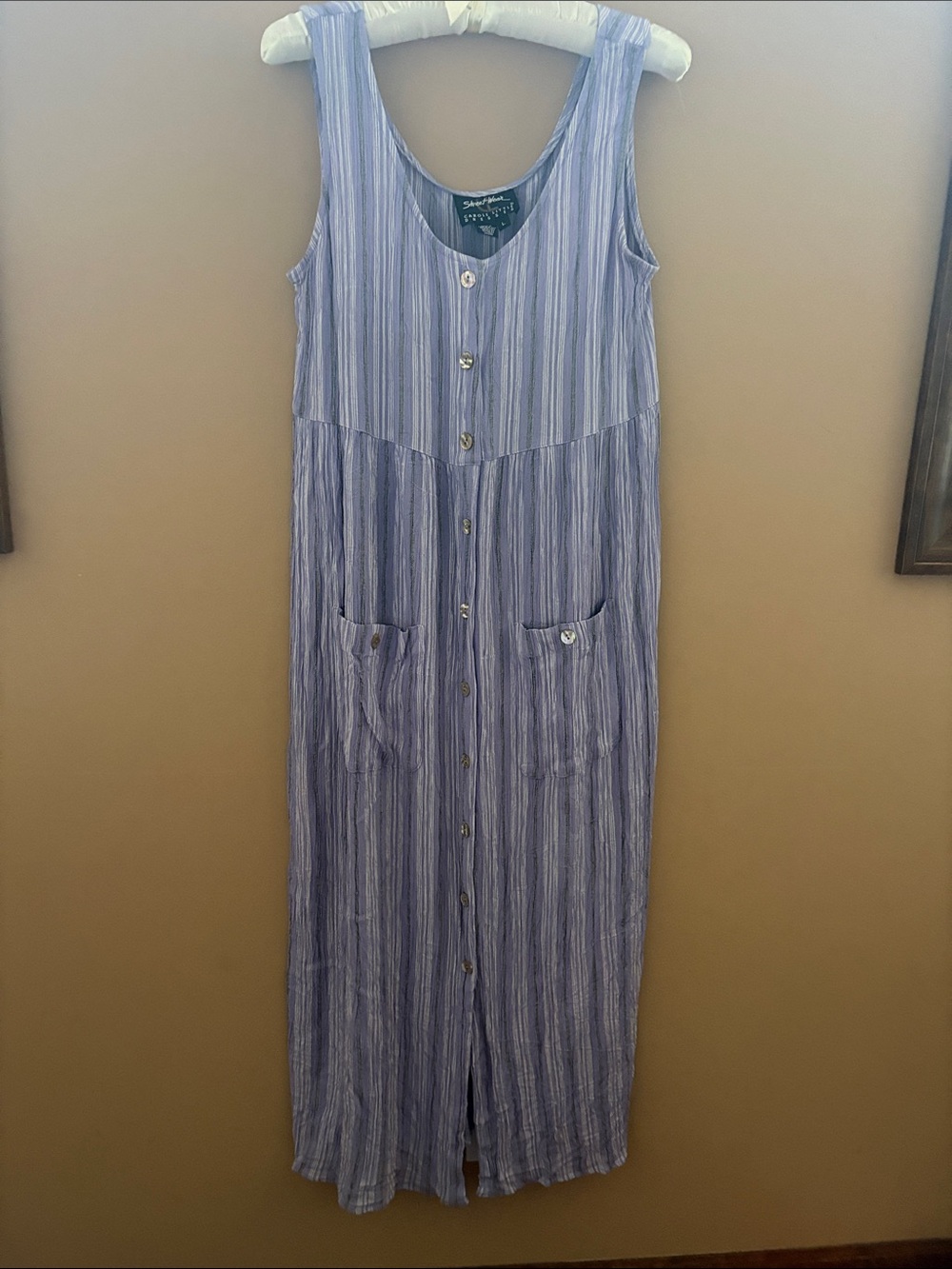 Vintage Carole Little Purple and White Striped Midi Button-Front Dress